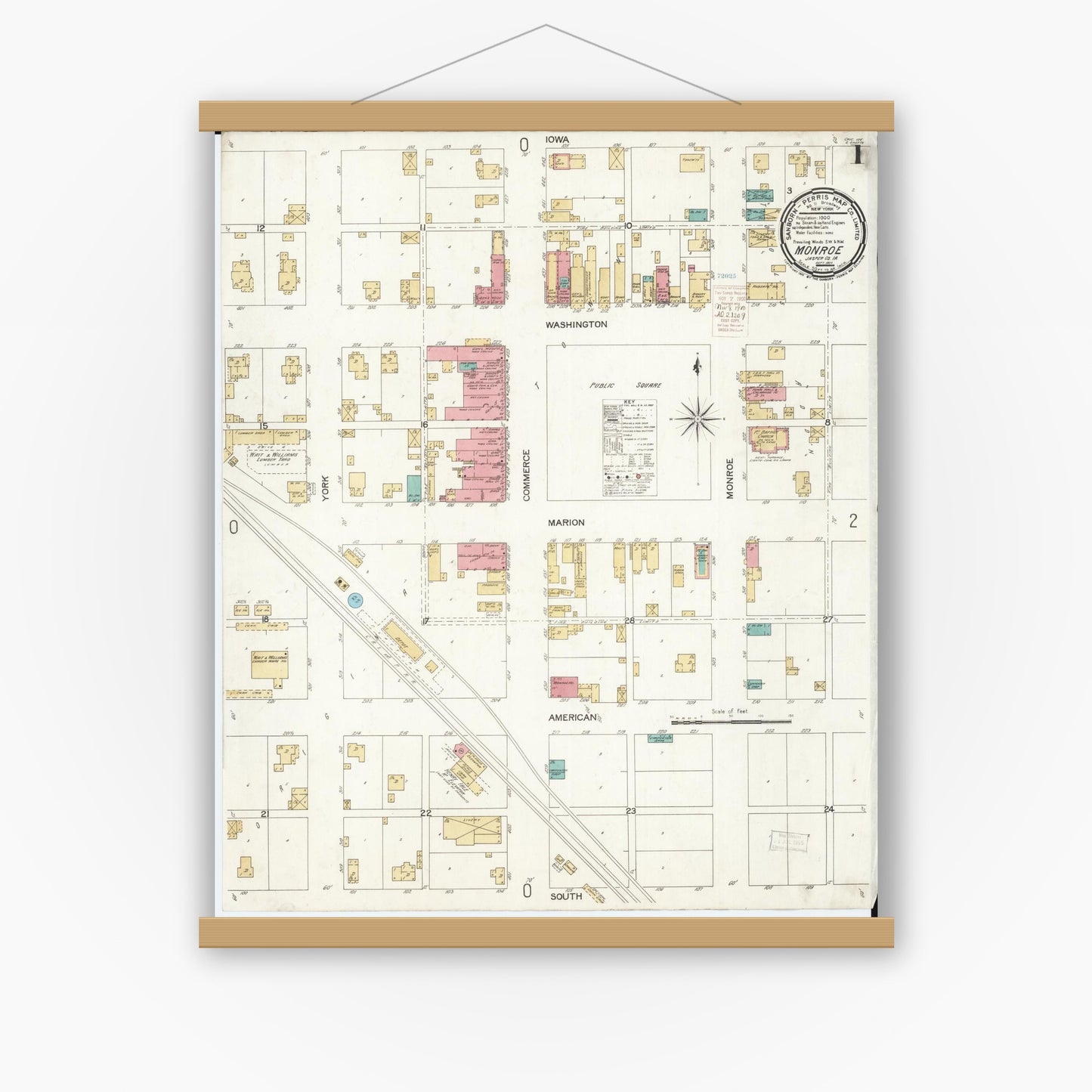 Old map wall art mockup — magnetic wood frame on white wall — Sanborn Fire Insurance Map from Monroe, Jasper County, Iowa (1900), Sheet #0001