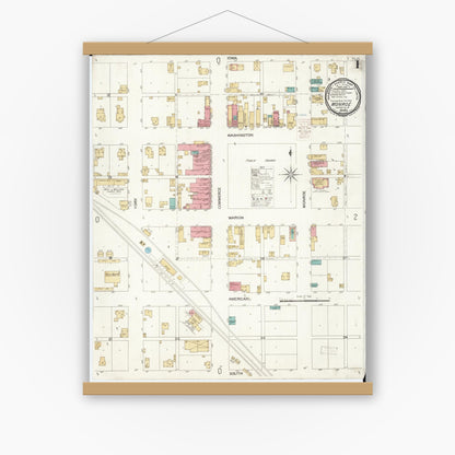 Old map wall art mockup — magnetic wood frame on white wall — Sanborn Fire Insurance Map from Monroe, Jasper County, Iowa (1900), Sheet #0001