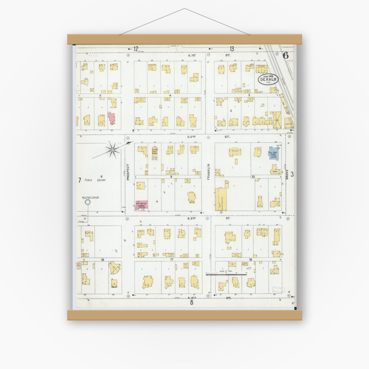 Old map wall art mockup — magnetic wood frame on white wall — Sanborn Fire Insurance Map from De Kalb, De Kalb County, Illinois (1905), Sheet #0006