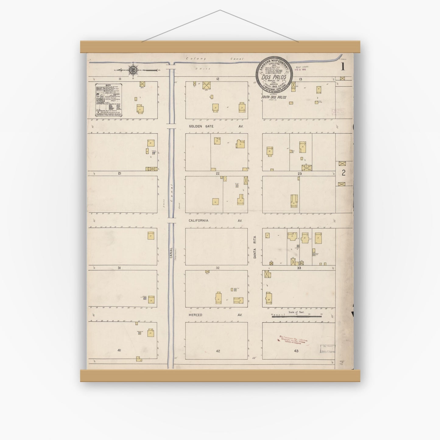 Old map wall art mockup — magnetic wood frame on white wall — Sanborn Fire Insurance Map from Dos Palos, Merced County, California (1910) - Complete Map Set