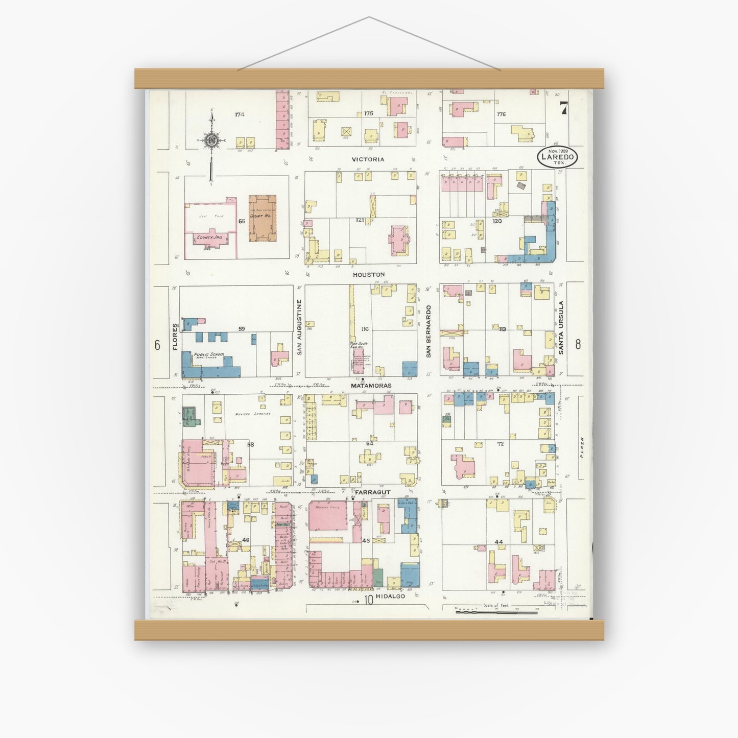 Old map wall art mockup — magnetic wood frame on white wall — Sanborn Fire Insurance Map from Laredo, Webb County, Texas (1909), Sheet #0007