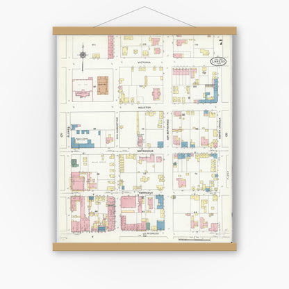 Old map wall art mockup — magnetic wood frame on white wall — Sanborn Fire Insurance Map from Laredo, Webb County, Texas (1909), Sheet #0007