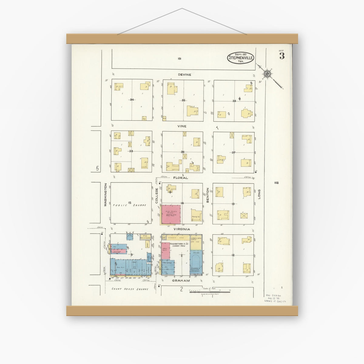 Old map wall art mockup — magnetic wood frame on white wall — Sanborn Fire Insurance Map from Stephenville, Erath County, Texas (1921), Sheet #0003