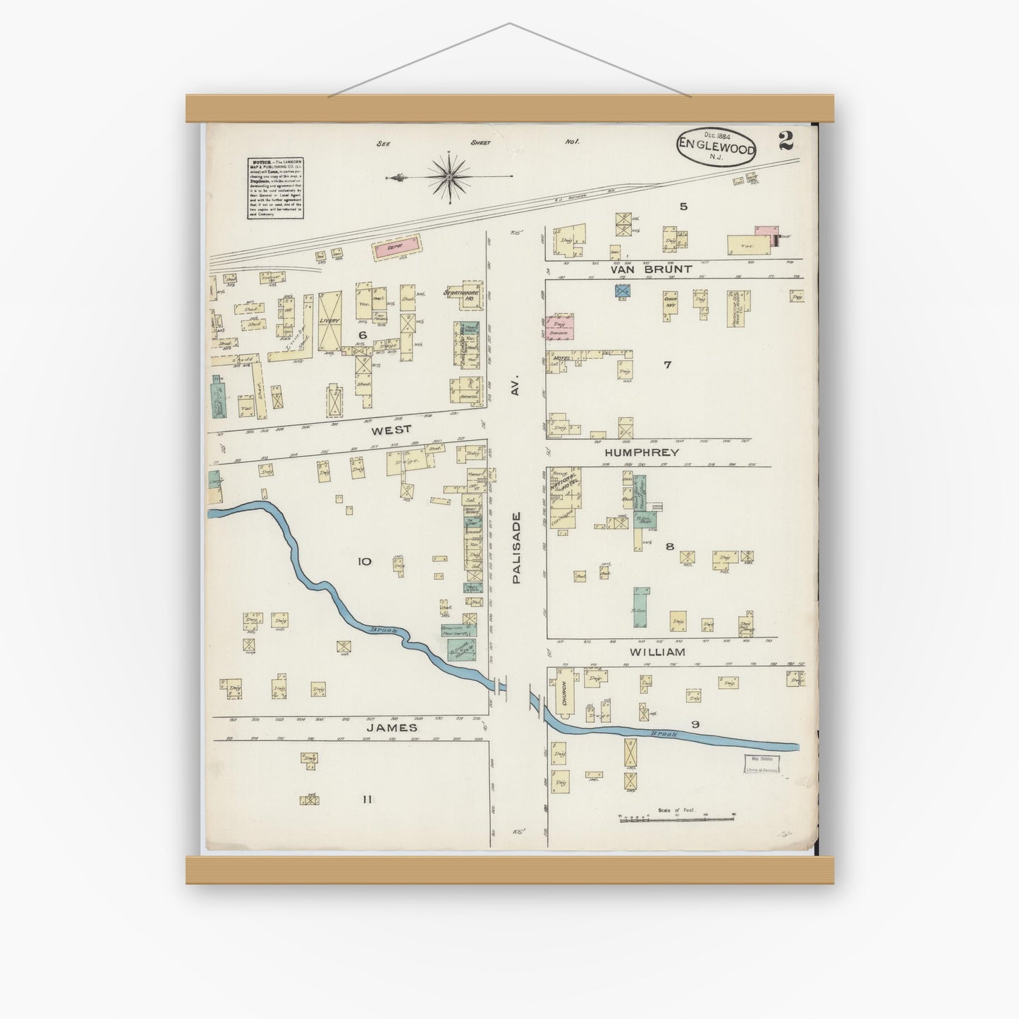 Old map wall art mockup — magnetic wood frame on white wall — Sanborn Fire Insurance Map from Englewood, Bergen County, New Jersey (1884), Sheet #0002