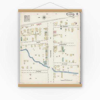 Old map wall art mockup — magnetic wood frame on white wall — Sanborn Fire Insurance Map from Englewood, Bergen County, New Jersey (1884), Sheet #0002