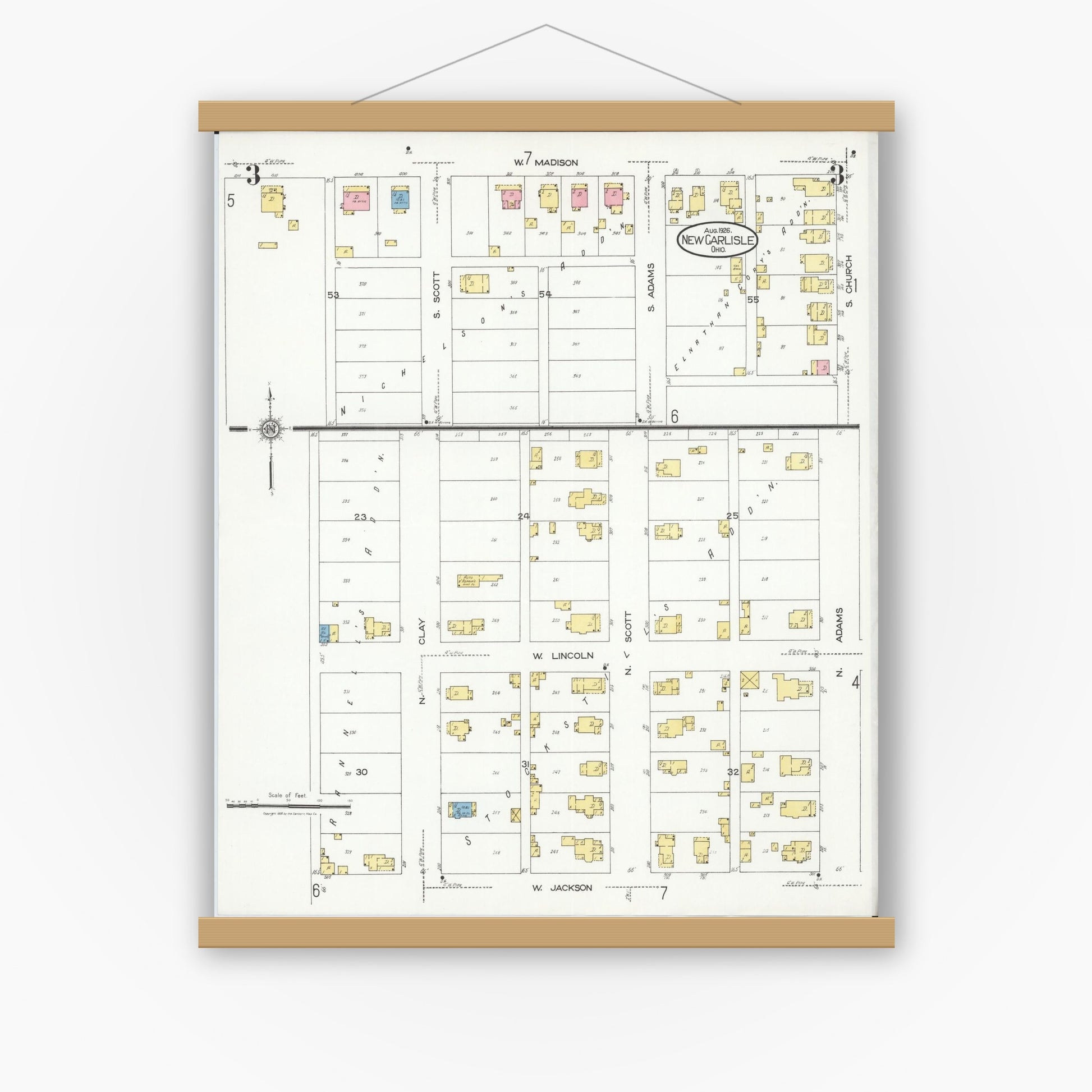 Old map wall art mockup — magnetic wood frame on white wall — Sanborn Fire Insurance Map from New Carlisle, Clarke County, Ohio (1926), Sheet #0003