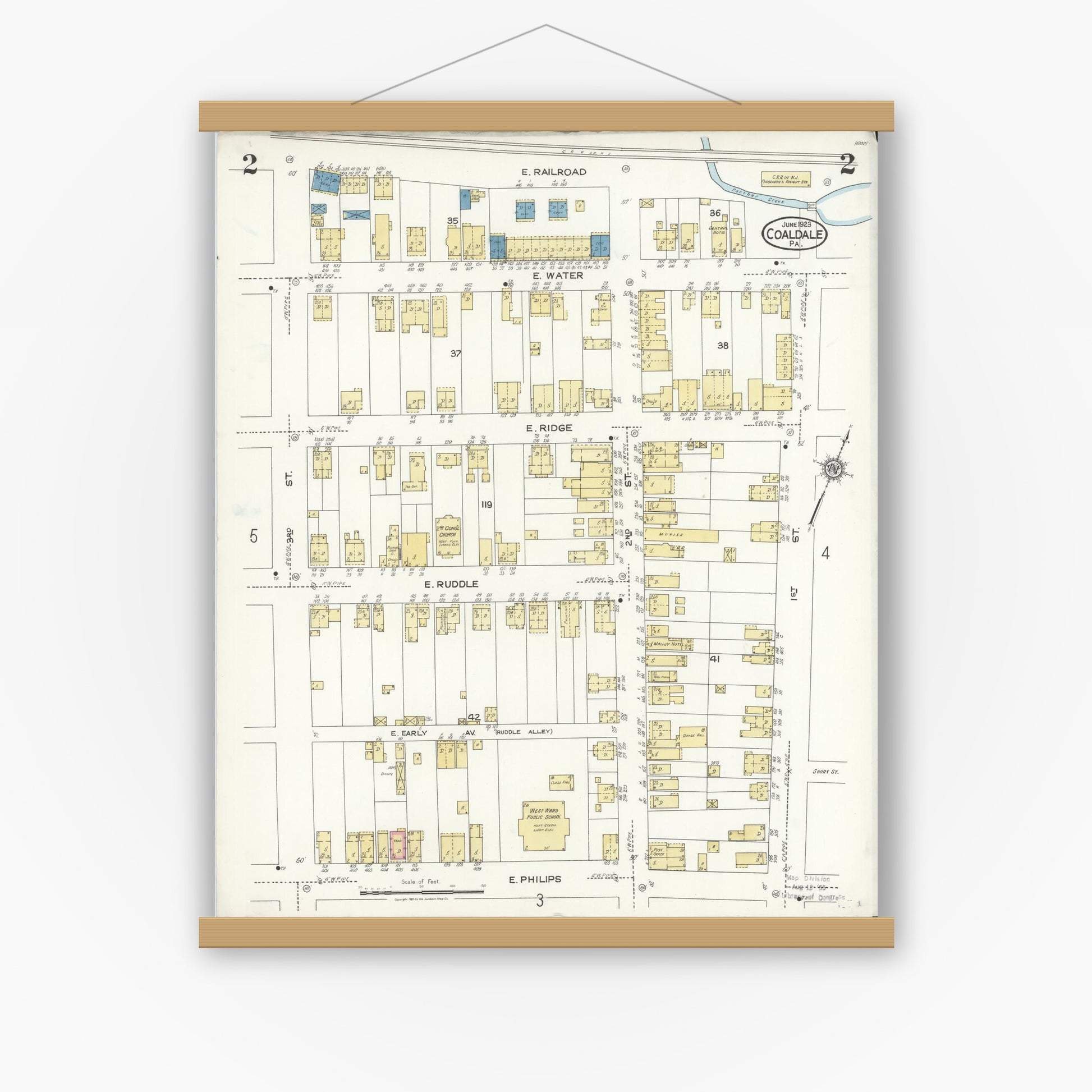 Old map wall art mockup — magnetic wood frame on white wall — Sanborn Fire Insurance Map from Coaldale, Schuylkill County, Pennsylvania (1923), Sheet #0002
