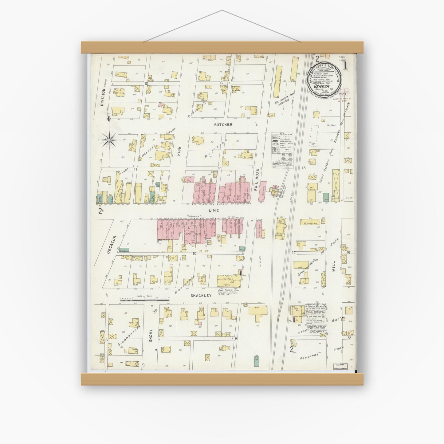 Old map wall art mockup — magnetic wood frame on white wall — Sanborn Fire Insurance Map from Geneva, Adams County, Indiana (1896) - Complete Map Set