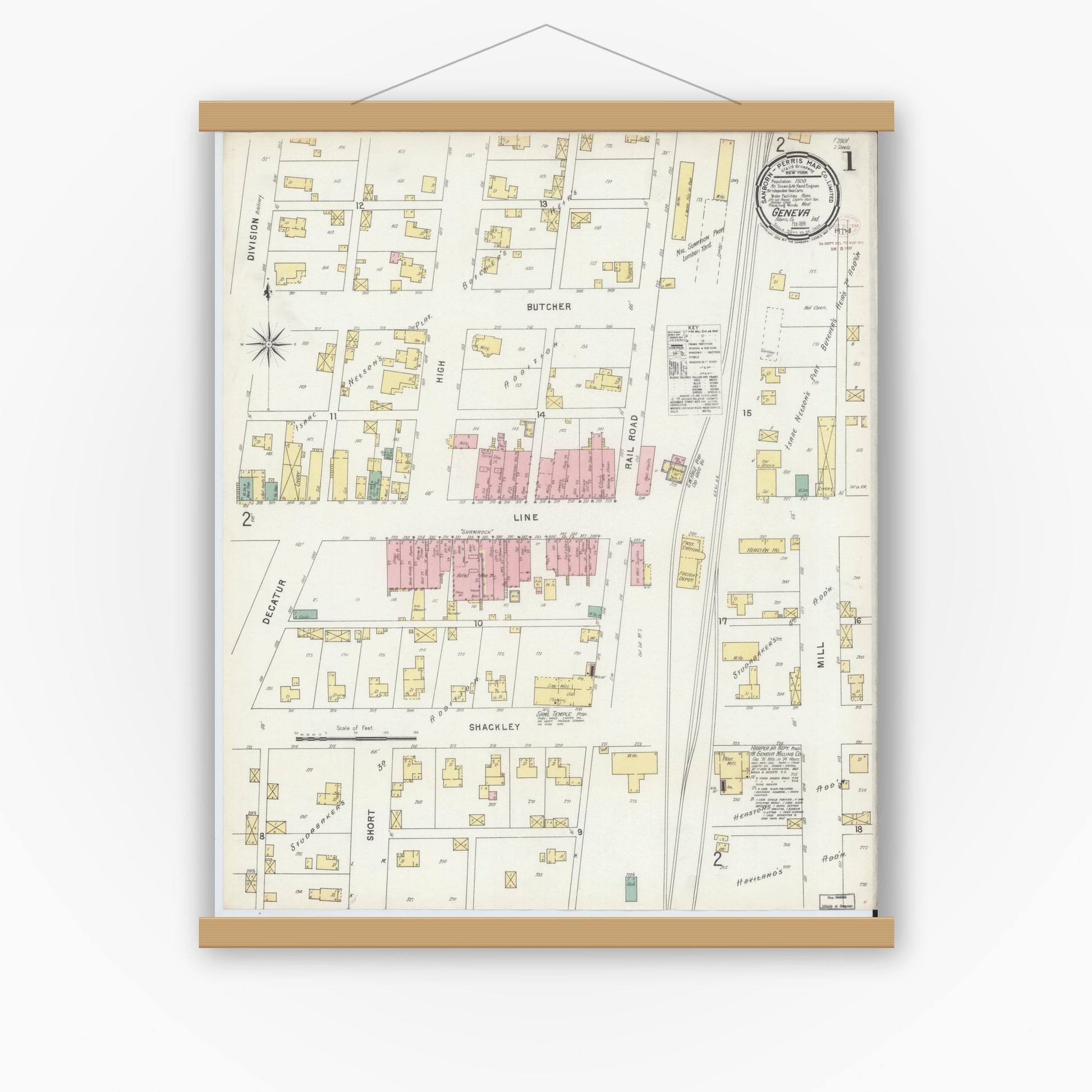 Old map wall art mockup — magnetic wood frame on white wall — Sanborn Fire Insurance Map from Geneva, Adams County, Indiana (1896) - Complete Map Set