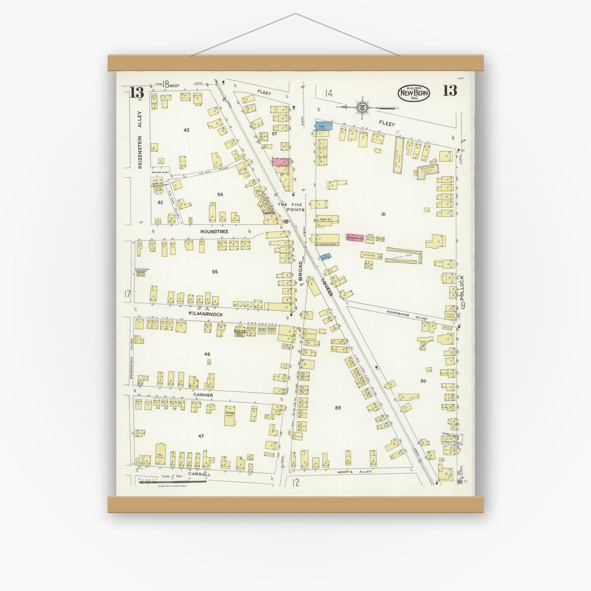 Old map wall art mockup — magnetic wood frame on white wall — Sanborn Fire Insurance Map from New Bern, Craven County, North Carolina (1924), Sheet #0013