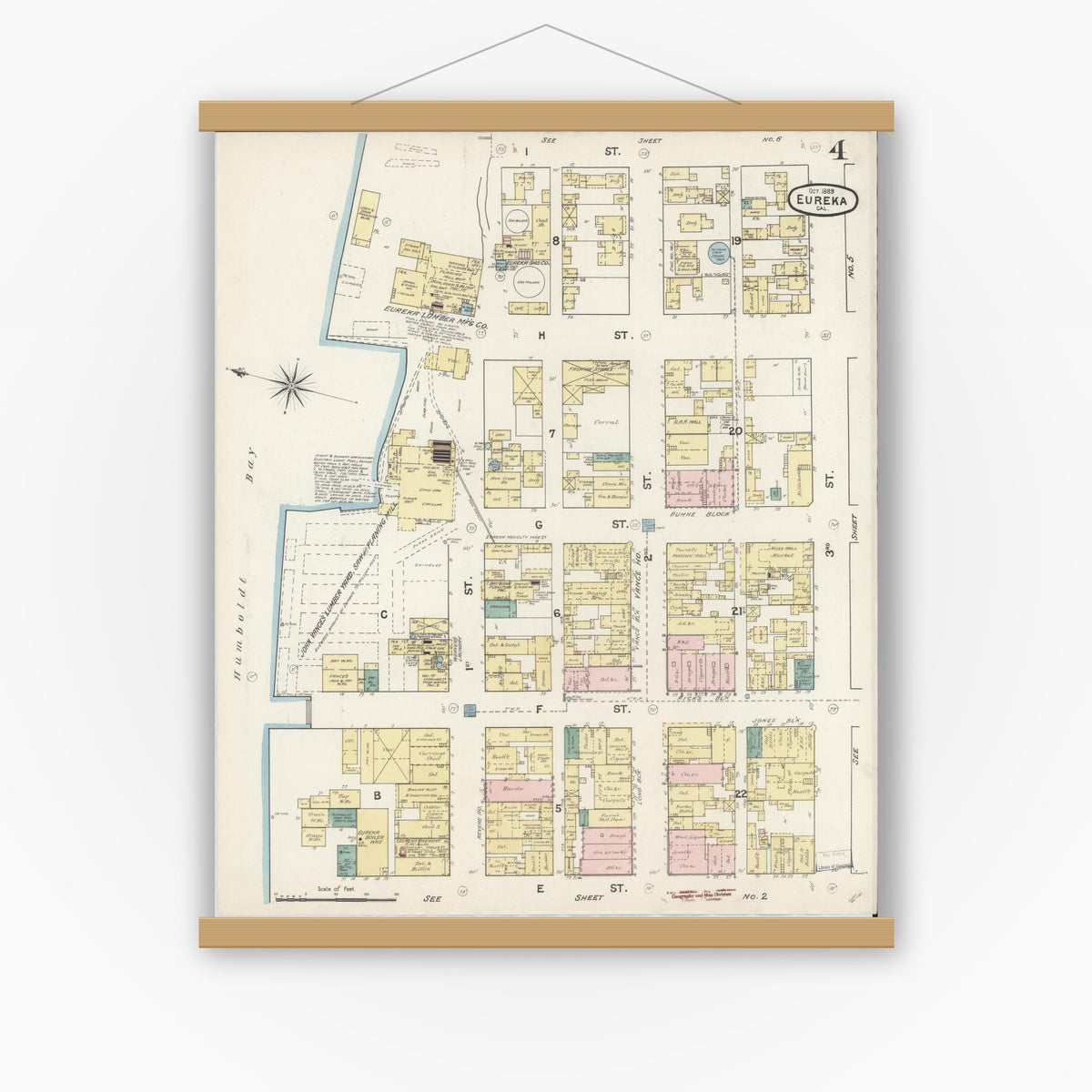 Old map wall art mockup — magnetic wood frame on white wall — Sanborn Fire Insurance Map from Eureka, Humboldt County, California (1889), Sheet #0004