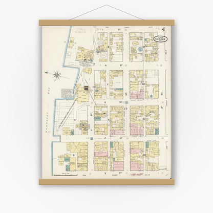 Old map wall art mockup — magnetic wood frame on white wall — Sanborn Fire Insurance Map from Eureka, Humboldt County, California (1889), Sheet #0004