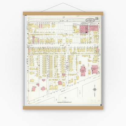 Old map wall art mockup — magnetic wood frame on white wall — Sanborn Fire Insurance Map from Portsmouth, Scioto County, Ohio (1911), Sheet #0021