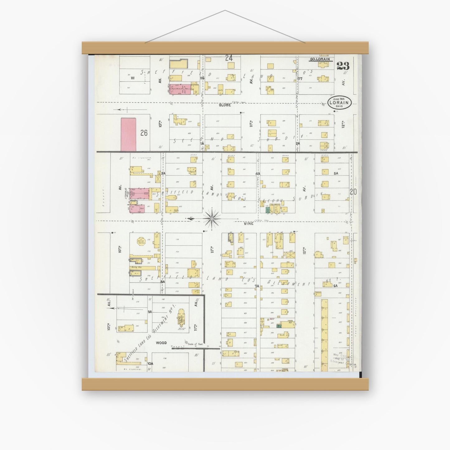 Old map wall art mockup — magnetic wood frame on white wall — Sanborn Fire Insurance Map from Lorain, Lorain County, Ohio (1905), Sheet #0023
