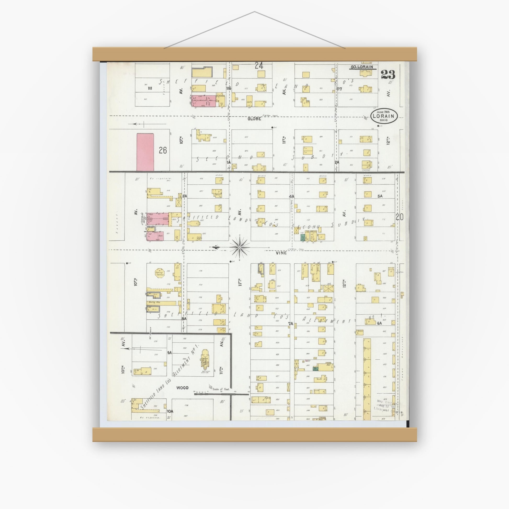 Old map wall art mockup — magnetic wood frame on white wall — Sanborn Fire Insurance Map from Lorain, Lorain County, Ohio (1905), Sheet #0023