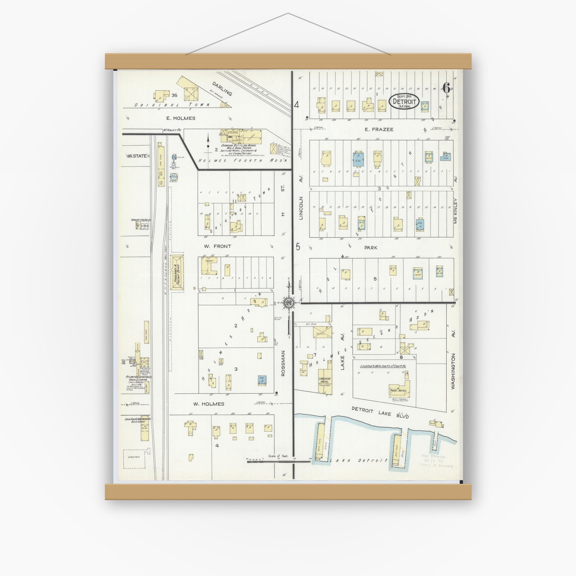 Old map wall art mockup — magnetic wood frame on white wall — Sanborn Fire Insurance Map from Detroit Lakes, Becker County, Minnesota (1914), Sheet #0006