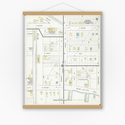 Old map wall art mockup — magnetic wood frame on white wall — Sanborn Fire Insurance Map from Detroit Lakes, Becker County, Minnesota (1914), Sheet #0006