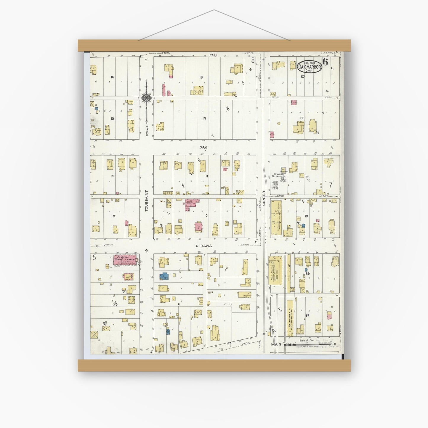 Old map wall art mockup — magnetic wood frame on white wall — Sanborn Fire Insurance Map from Oak Harbor, Ottawa County, Ohio (1920), Sheet #0006