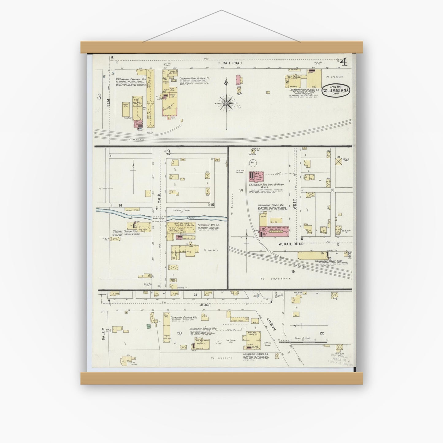Old map wall art mockup — magnetic wood frame on white wall — Sanborn Fire Insurance Map from Columbiana, Columbiana County, Ohio (1896), Sheet #0004