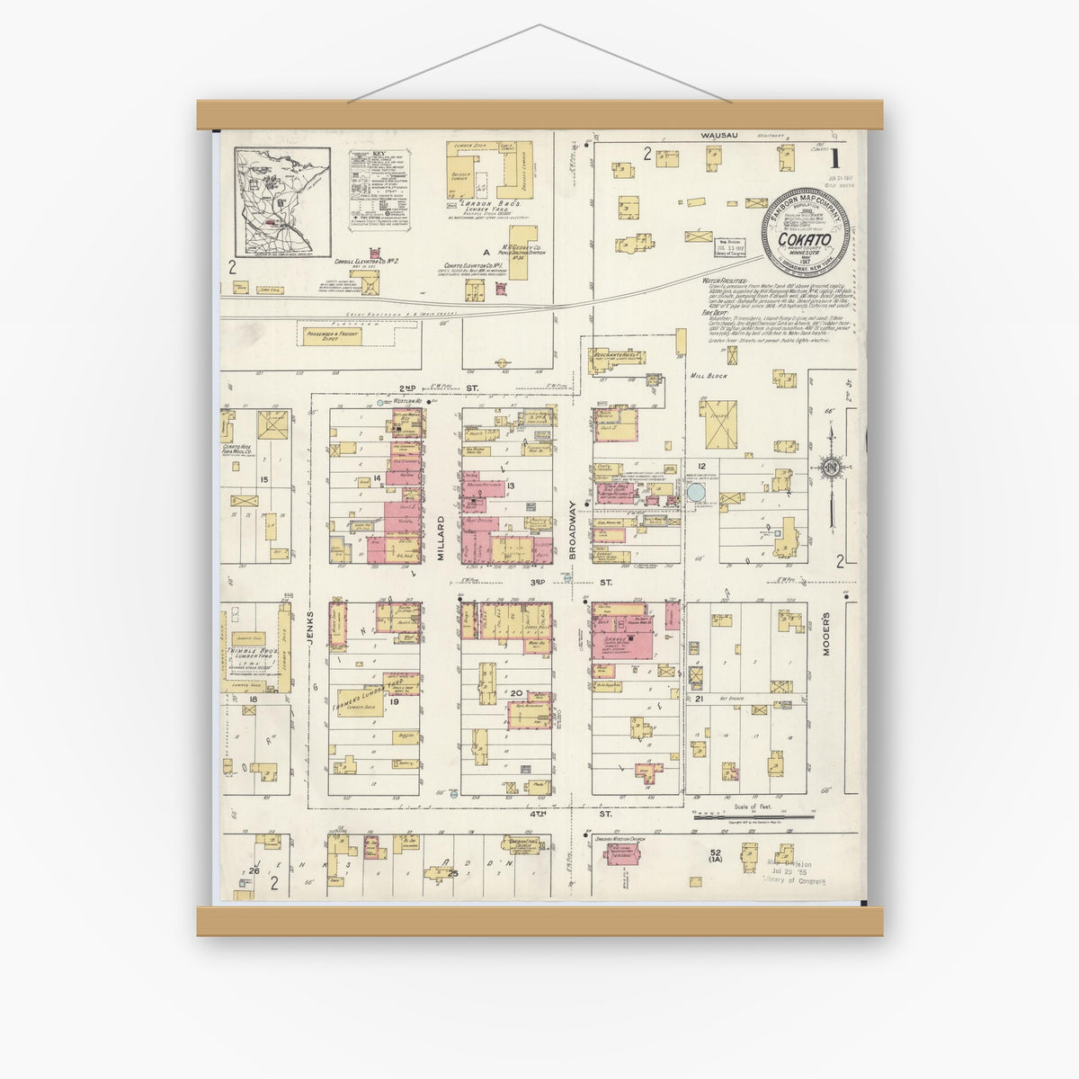 Old map wall art mockup — magnetic wood frame on white wall — Sanborn Fire Insurance Map from Cokato, Wright County, Minnesota (1917), Sheet #0001