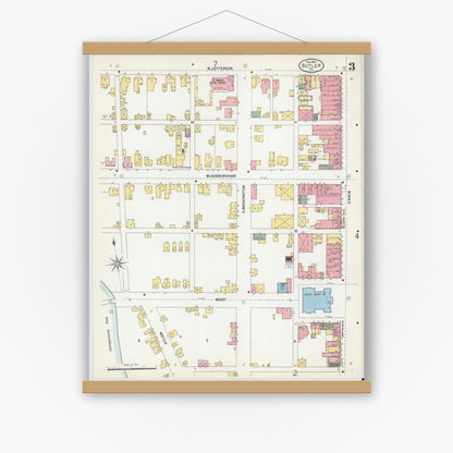 Old map wall art mockup — magnetic wood frame on white wall — Sanborn Fire Insurance Map from Butler, Butler County, Pennsylvania (1901), Sheet #0003