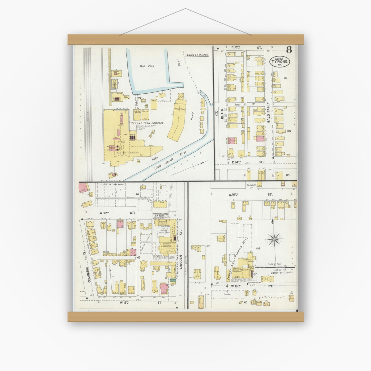 Old map wall art mockup — magnetic wood frame on white wall — Sanborn Fire Insurance Map from Tyrone, Blair County, Pennsylvania (1901), Sheet #0008