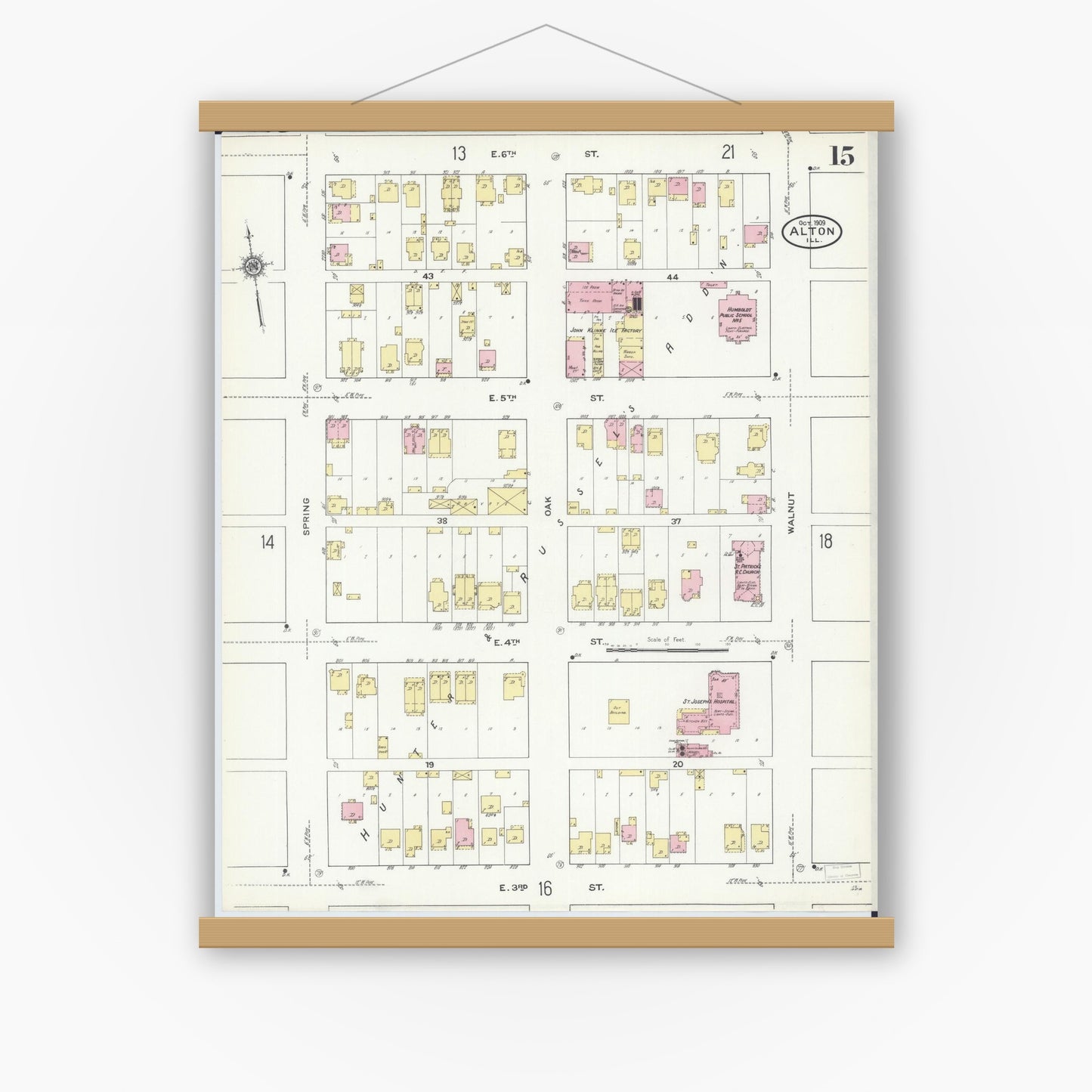 Old map wall art mockup — magnetic wood frame on white wall — Sanborn Fire Insurance Map from Alton, Madison County, Illinois (1909), Sheet #0015