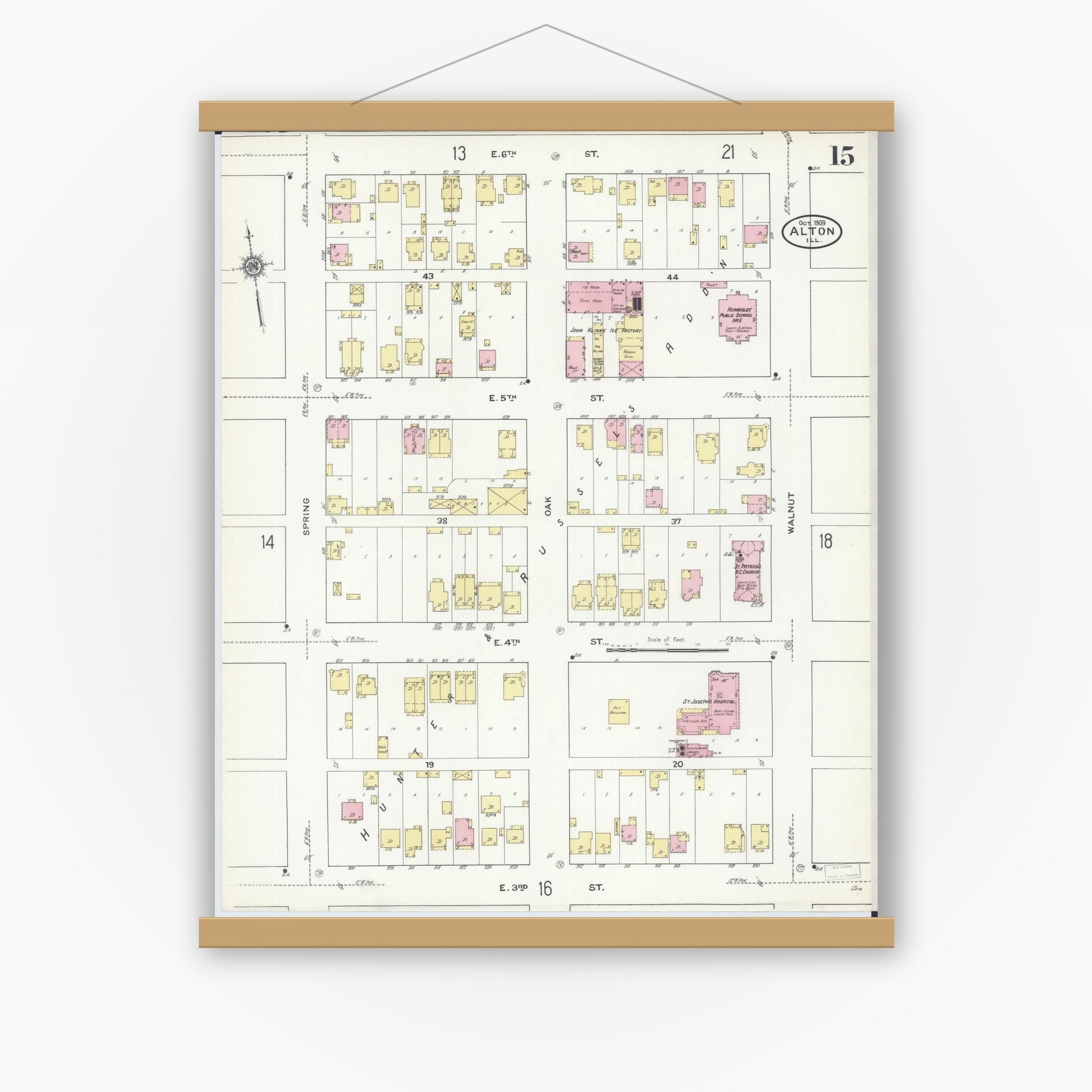 Old map wall art mockup — magnetic wood frame on white wall — Sanborn Fire Insurance Map from Alton, Madison County, Illinois (1909), Sheet #0015