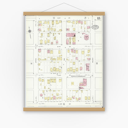 Old map wall art mockup — magnetic wood frame on white wall — Sanborn Fire Insurance Map from Alton, Madison County, Illinois (1909), Sheet #0015