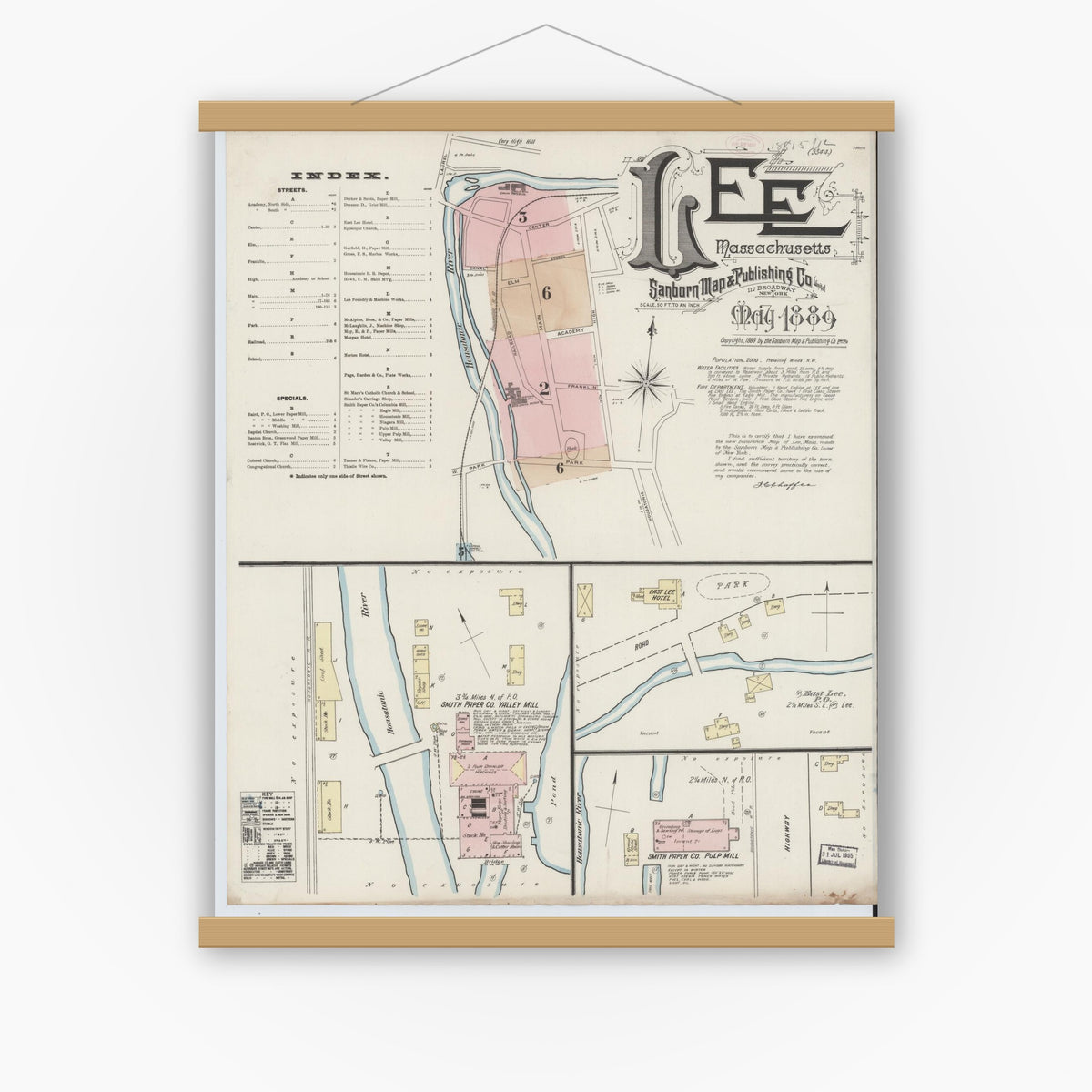 Old map wall art mockup — magnetic wood frame on white wall — Sanborn Fire Insurance Map from Lee, Berkshire County, Massachusetts (1889) - Complete Map Set
