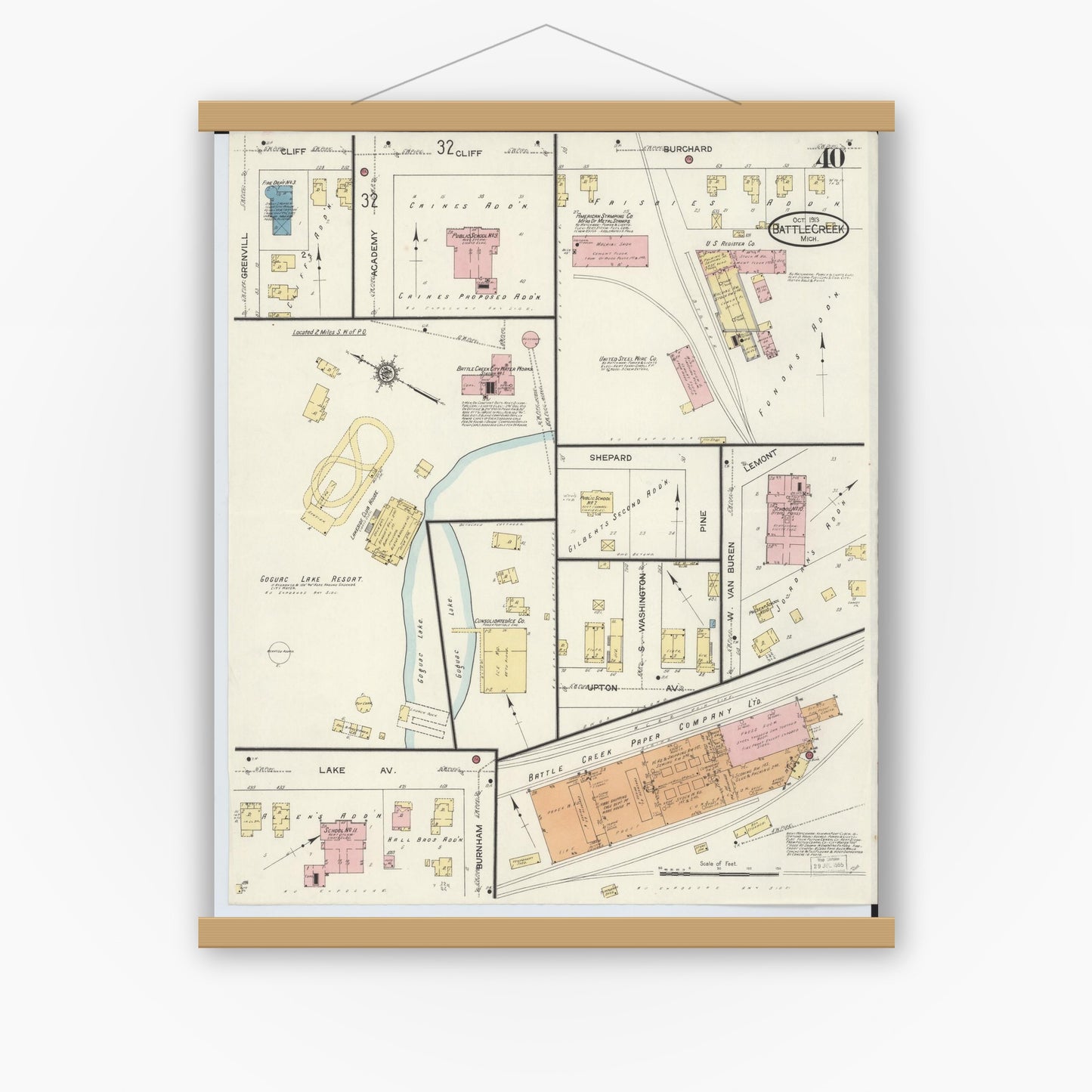 Old map wall art mockup — magnetic wood frame on white wall — Sanborn Fire Insurance Map from Battle Creek, Calhoun County, Michigan (1913), Sheet #0040