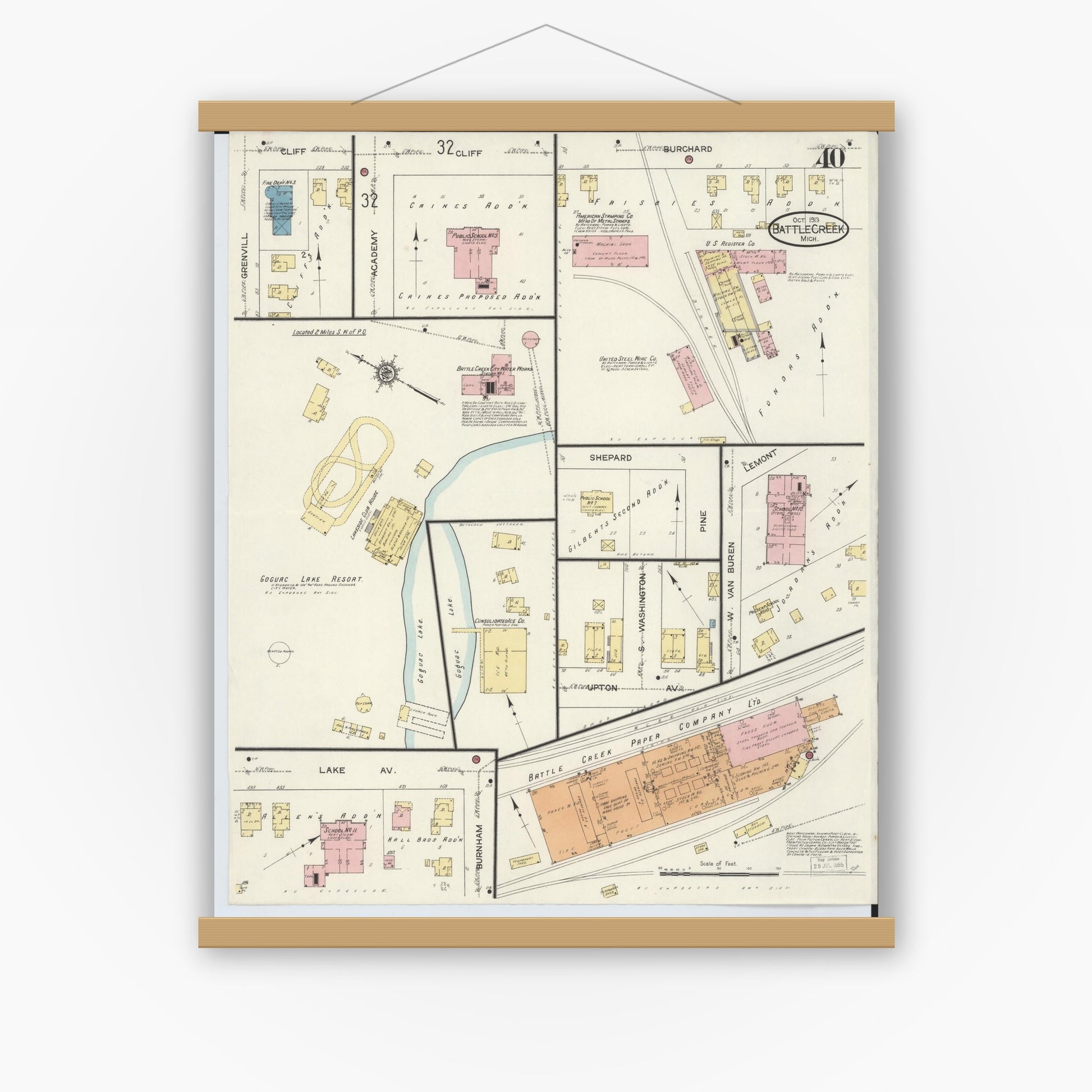 Old map wall art mockup — magnetic wood frame on white wall — Sanborn Fire Insurance Map from Battle Creek, Calhoun County, Michigan (1913), Sheet #0040