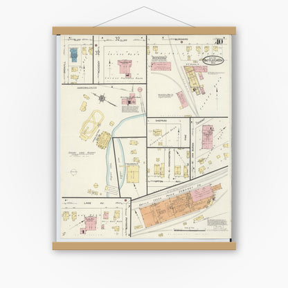 Old map wall art mockup — magnetic wood frame on white wall — Sanborn Fire Insurance Map from Battle Creek, Calhoun County, Michigan (1913), Sheet #0040