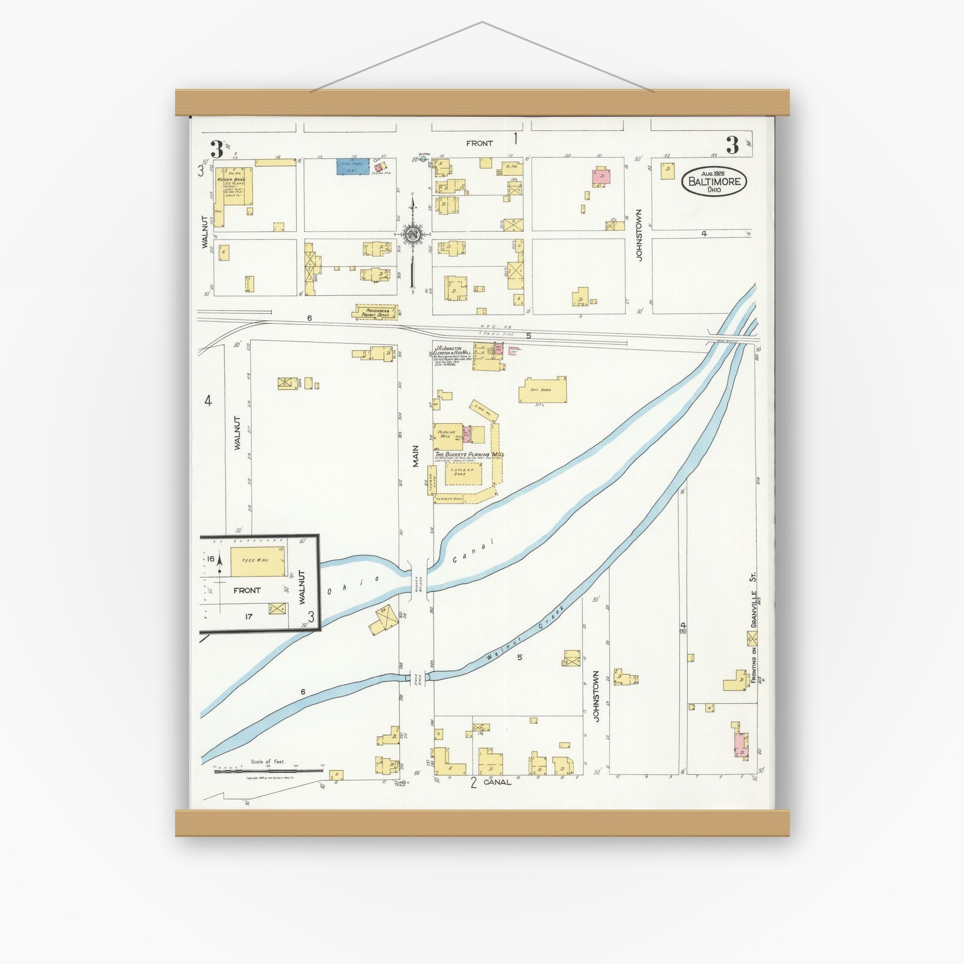 Old map wall art mockup — magnetic wood frame on white wall — Sanborn Fire Insurance Map from Baltimore, Fairfield County, Ohio (1926), Sheet #0003