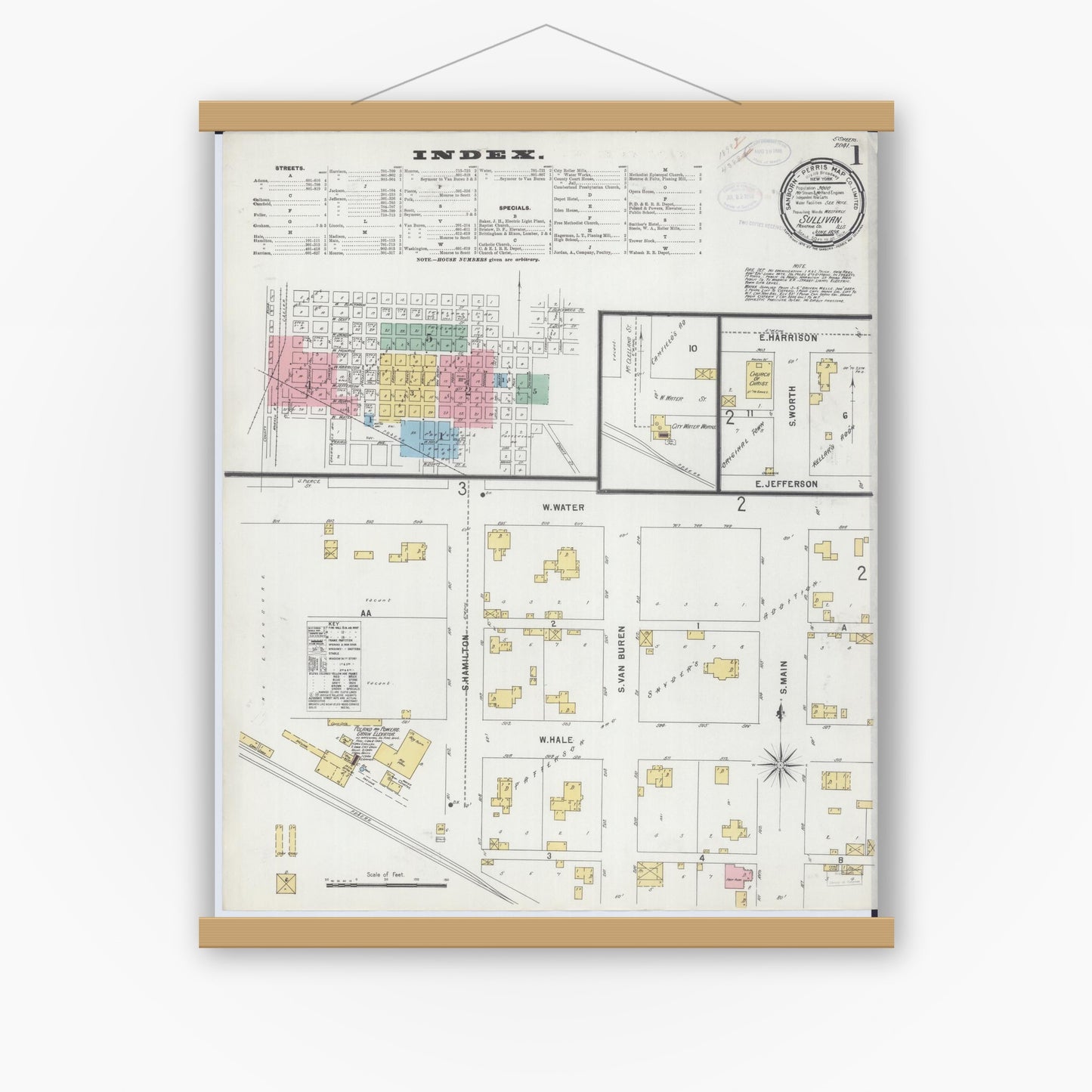 Old map wall art mockup — magnetic wood frame on white wall — Sanborn Fire Insurance Map from Sullivan, Moultrie County, Illinois (1898), Sheet #0001