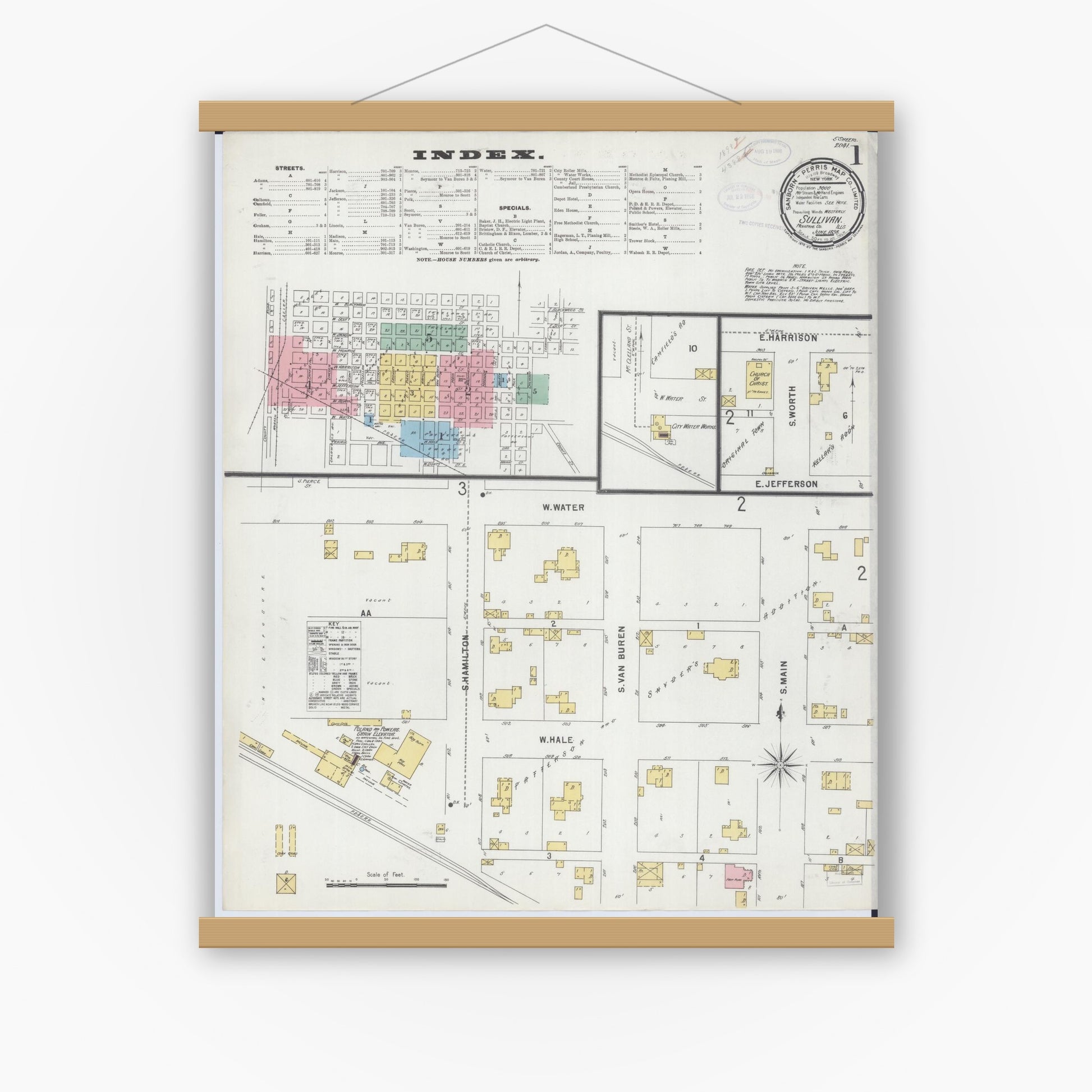Old map wall art mockup — magnetic wood frame on white wall — Sanborn Fire Insurance Map from Sullivan, Moultrie County, Illinois (1898), Sheet #0001