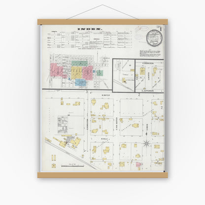 Old map wall art mockup — magnetic wood frame on white wall — Sanborn Fire Insurance Map from Sullivan, Moultrie County, Illinois (1898), Sheet #0001