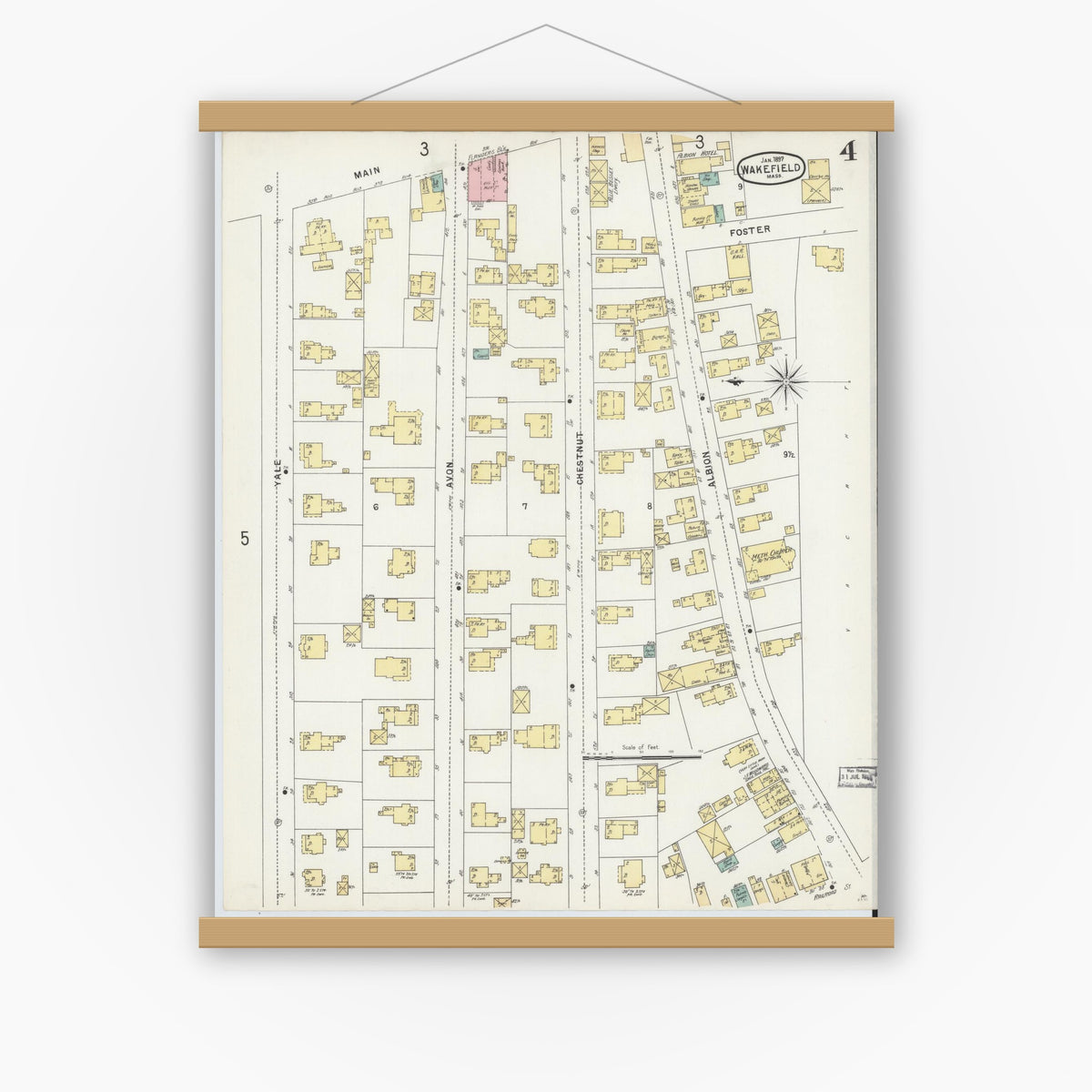 Old map wall art mockup — magnetic wood frame on white wall — Sanborn Fire Insurance Map from Wakefield, Middlesex County, Massachusetts (1897), Sheet #0004