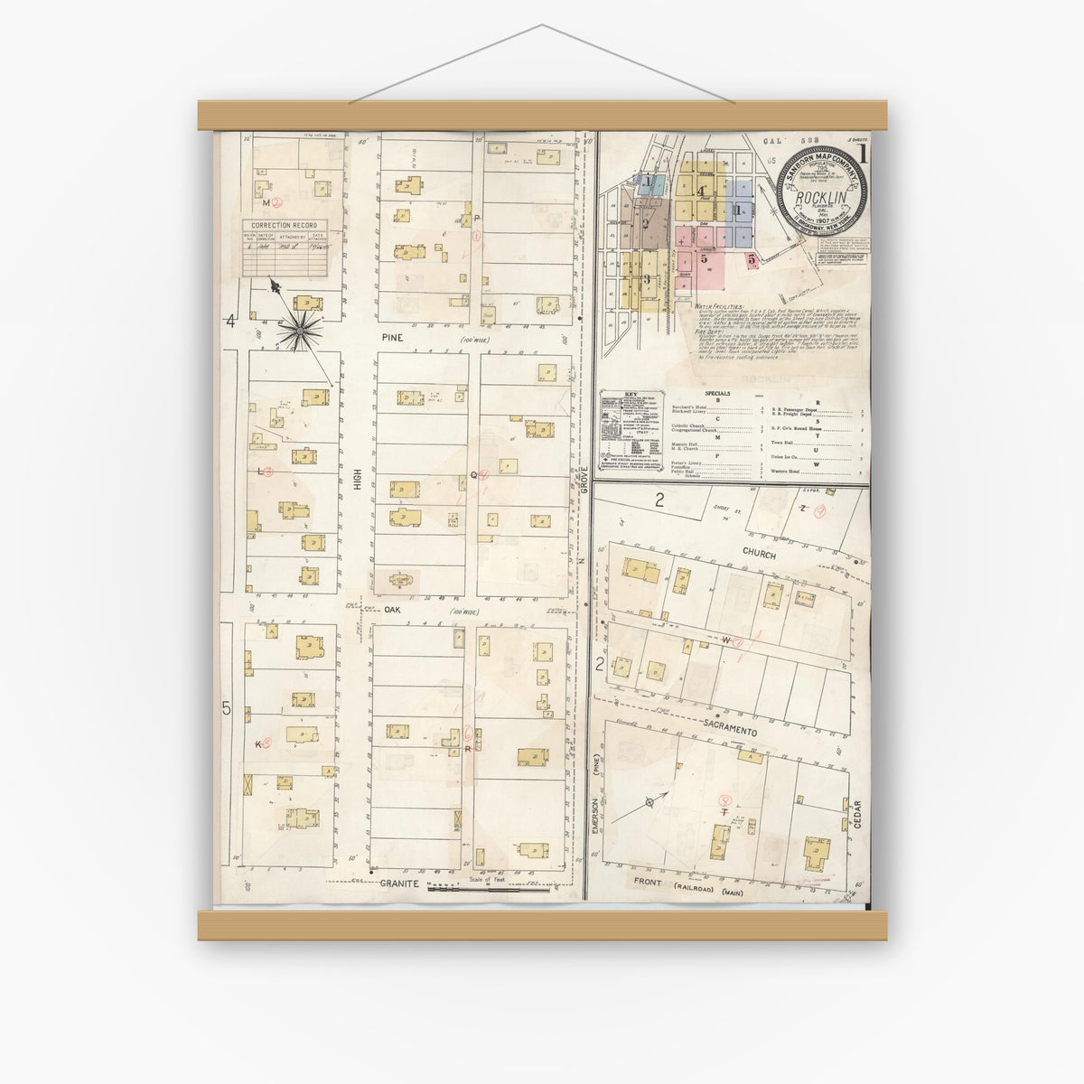 Old map wall art mockup — magnetic wood frame on white wall — Sanborn Fire Insurance Map from Rocklin, Placer County, California (1941) - Complete Map Set