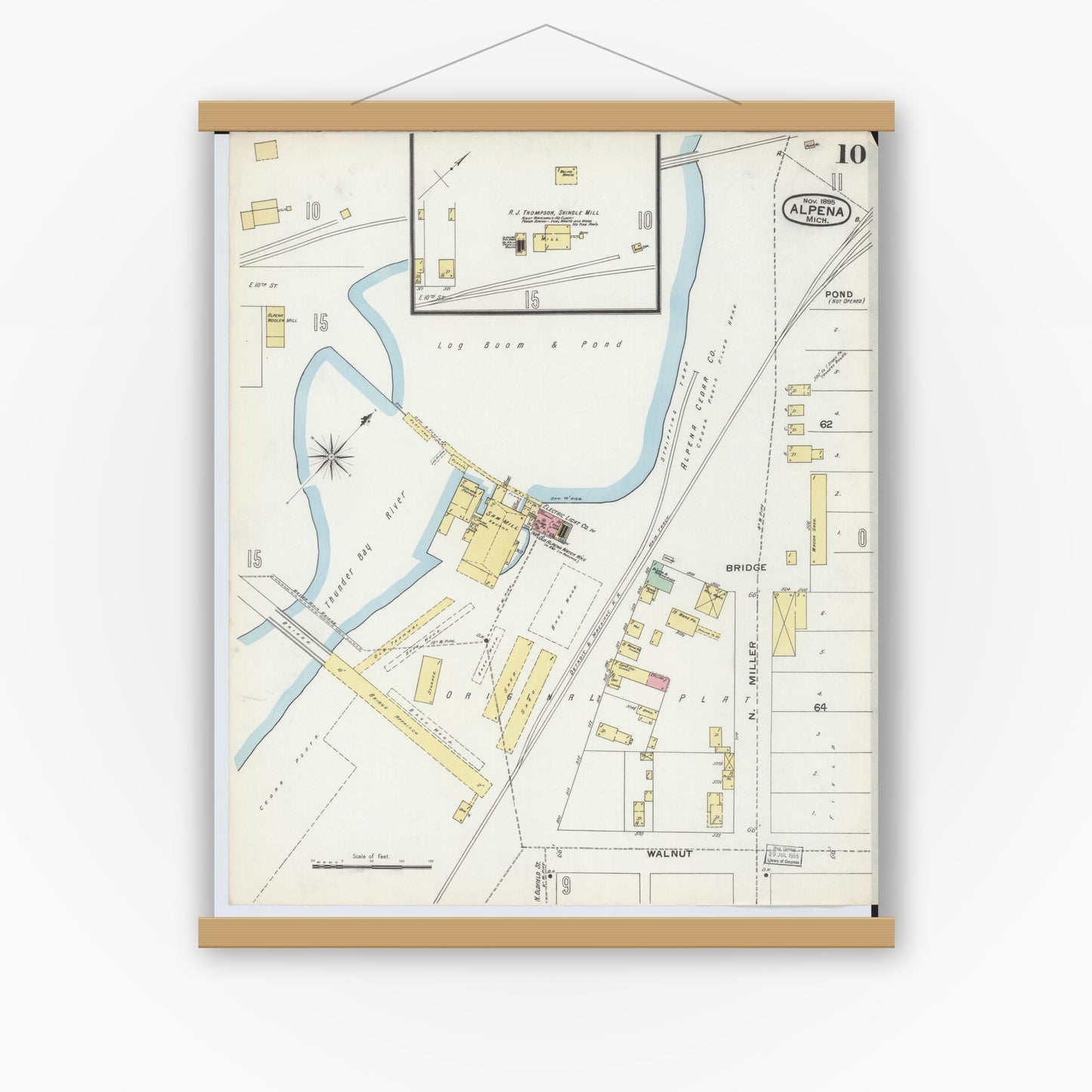 Old map wall art mockup — magnetic wood frame on white wall — Sanborn Fire Insurance Map from Alpena, Alpena County, Michigan (1895), Sheet #0010