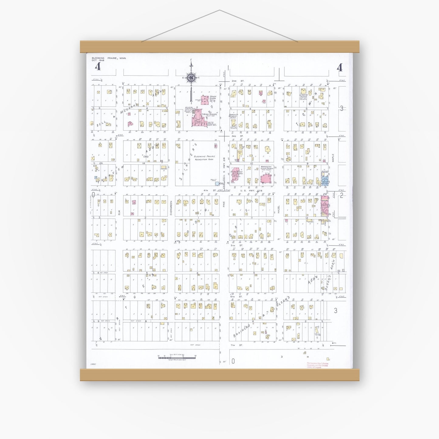 Old map wall art mockup — magnetic wood frame on white wall — Sanborn Fire Insurance Map from Blooming Prairie, Steele County, Minnesota (1948), Sheet #0004