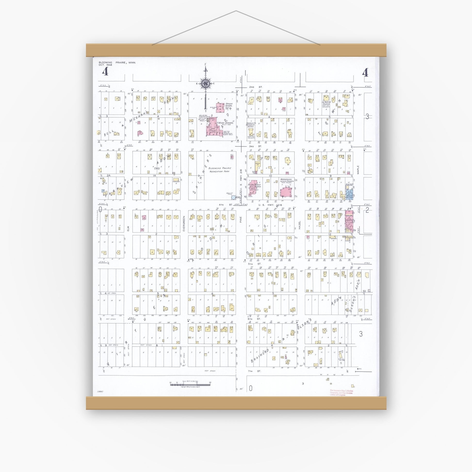 Old map wall art mockup — magnetic wood frame on white wall — Sanborn Fire Insurance Map from Blooming Prairie, Steele County, Minnesota (1948), Sheet #0004