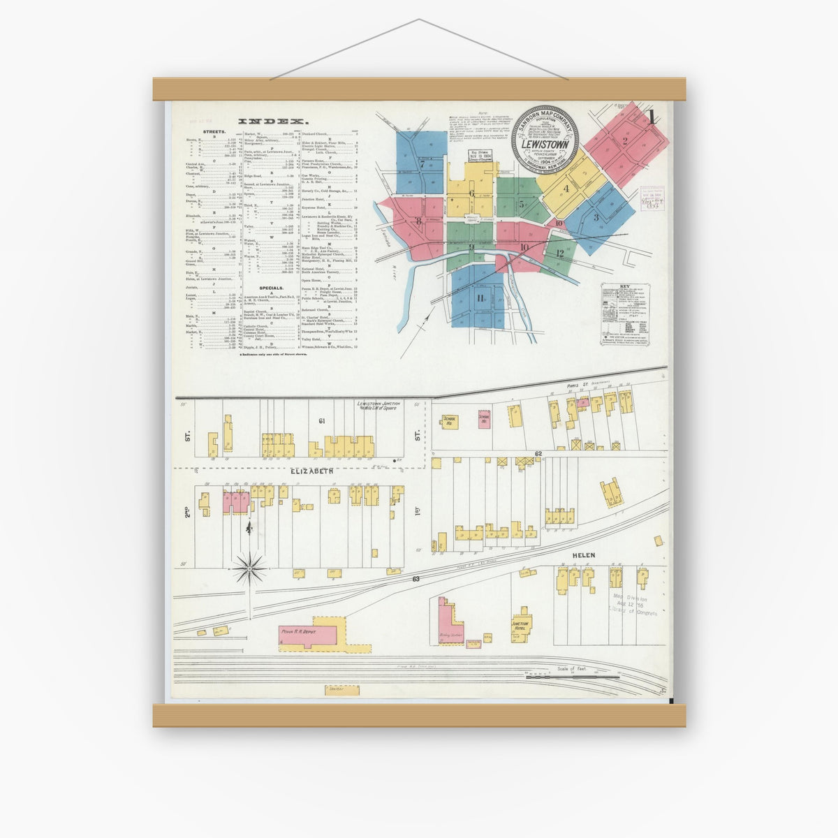 Old map wall art mockup — magnetic wood frame on white wall — Sanborn Fire Insurance Map from Lewistown, Mifflin County, Pennsylvania (1904) - Complete Map Set