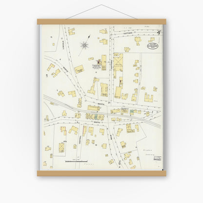 Old map wall art mockup — magnetic wood frame on white wall — Sanborn Fire Insurance Map from Hingham, Plymouth County, Massachusetts (1898), Sheet #0004