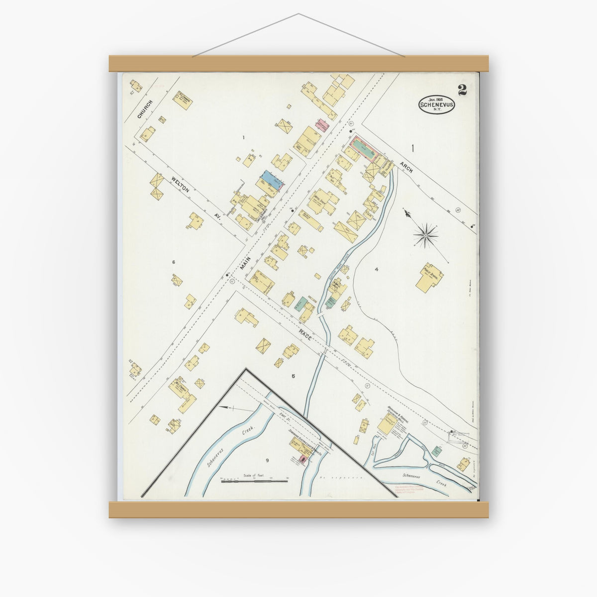 Old map wall art mockup — magnetic wood frame on white wall — Sanborn Fire Insurance Map from Schenevus, Otsego County, New York (1905), Sheet #0002
