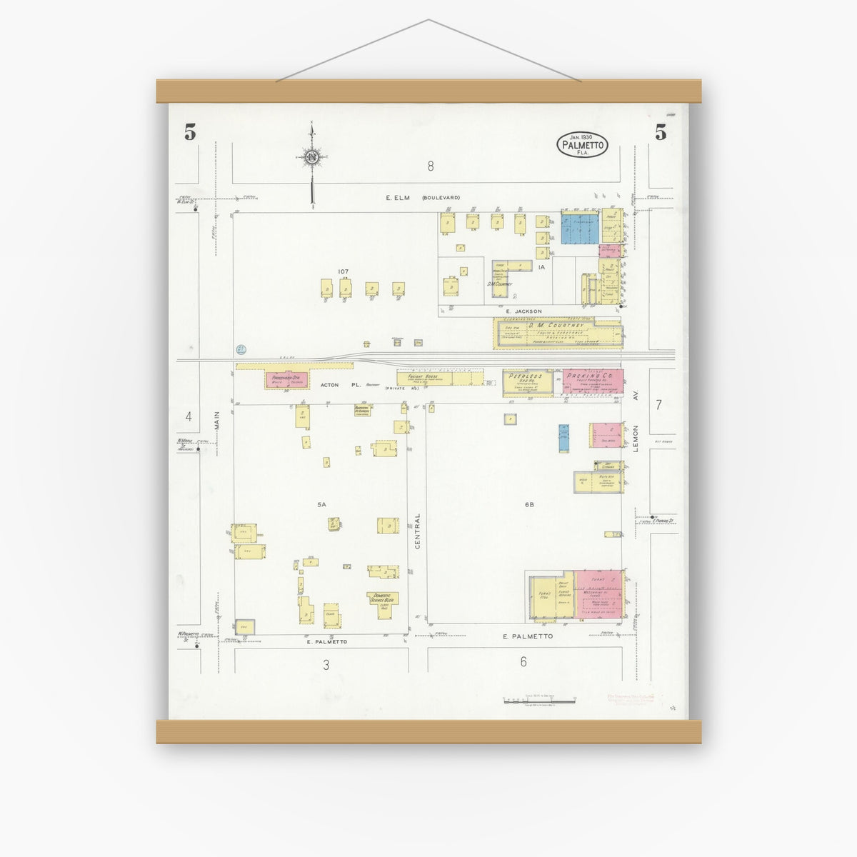 Old map wall art mockup — magnetic wood frame on white wall — Sanborn Fire Insurance Map from Palmetto, Manatee County, Florida (1930), Sheet #0005