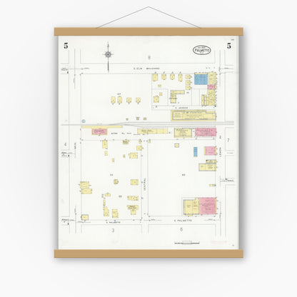 Old map wall art mockup — magnetic wood frame on white wall — Sanborn Fire Insurance Map from Palmetto, Manatee County, Florida (1930), Sheet #0005