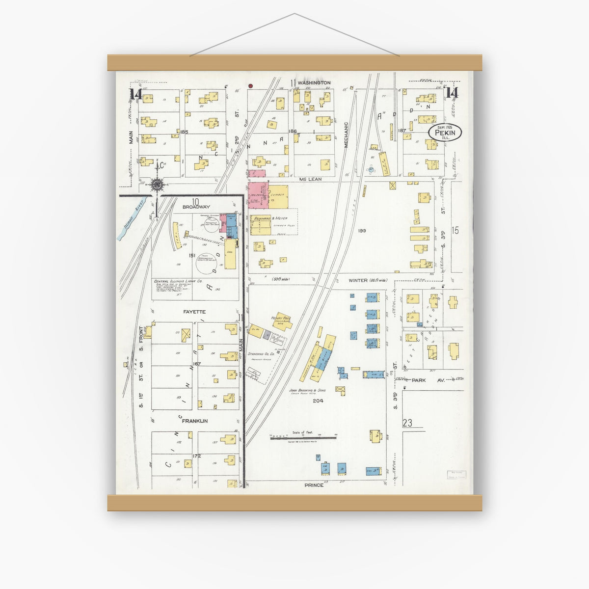 Old map wall art mockup — magnetic wood frame on white wall — Sanborn Fire Insurance Map from Pekin, Tazewell County, Illinois (1925), Sheet #0014