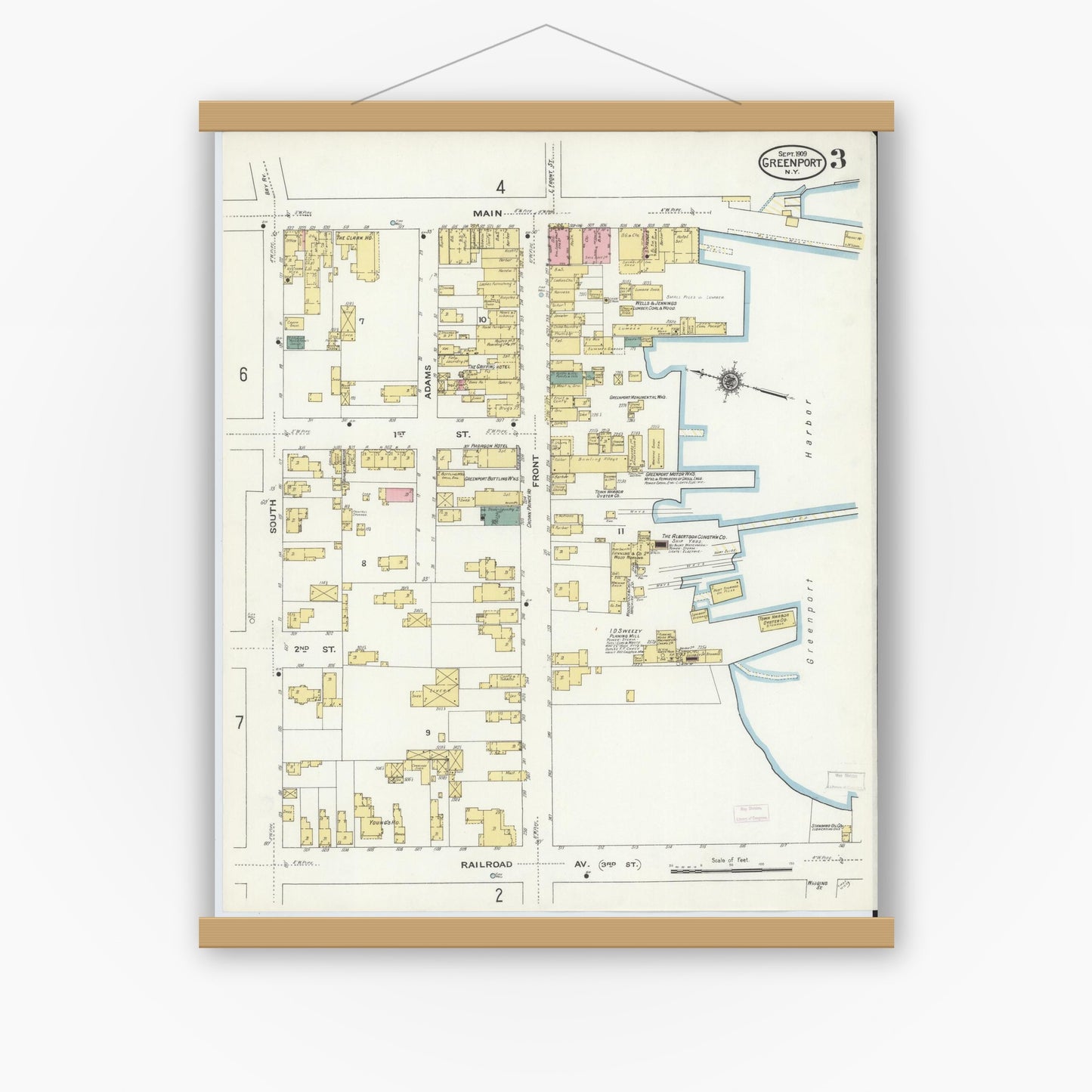 Old map wall art mockup — magnetic wood frame on white wall — Sanborn Fire Insurance Map from Greenport, Suffolk County, New York (1909), Sheet #0003