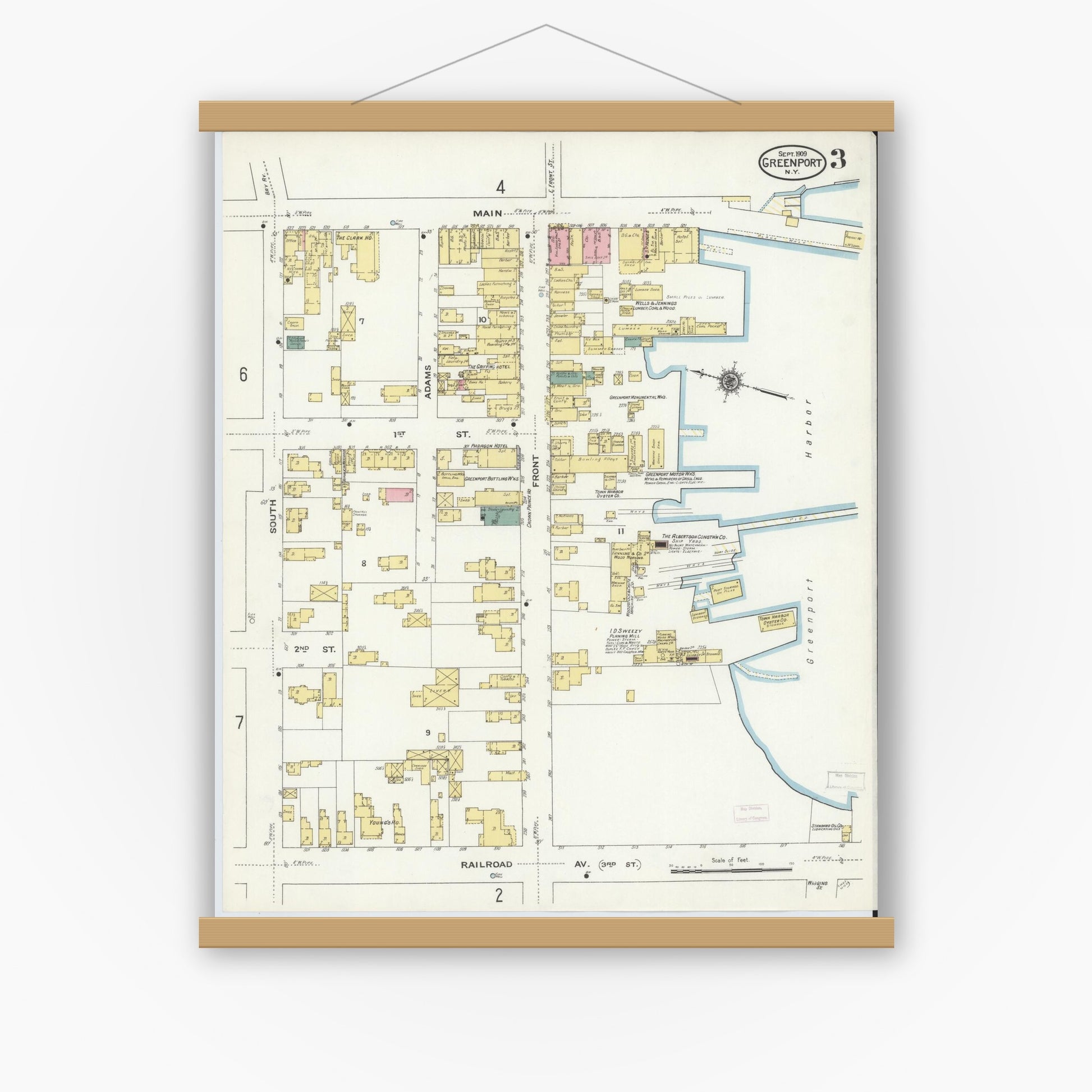 Old map wall art mockup — magnetic wood frame on white wall — Sanborn Fire Insurance Map from Greenport, Suffolk County, New York (1909), Sheet #0003